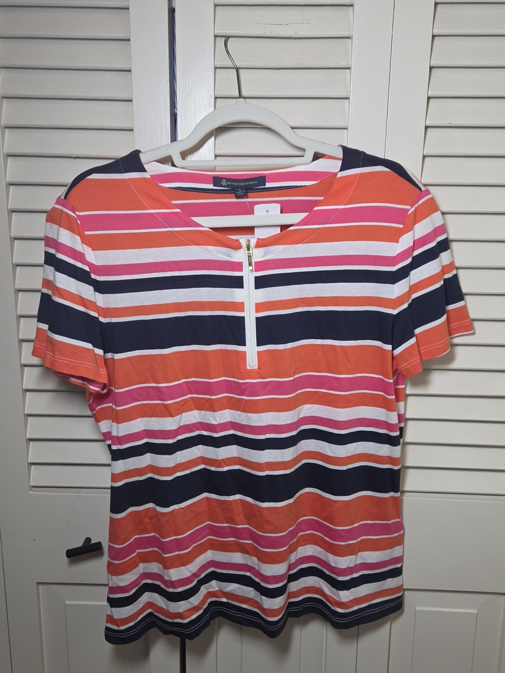Brooks Brothers Striped Short Sleeve Tee in Navy, Coral & Pink